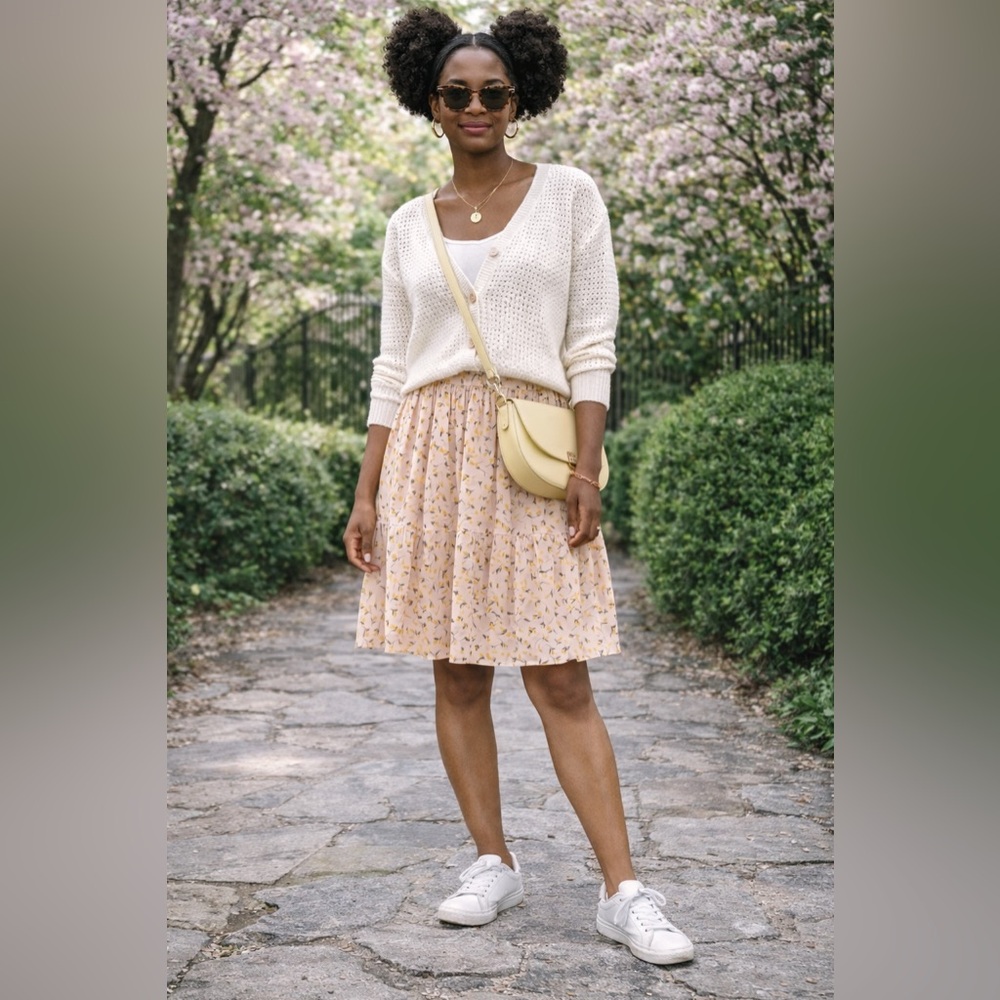 Blush Pink Floral Midi Skirt Yellow Ditsy Print Pleated Spring
